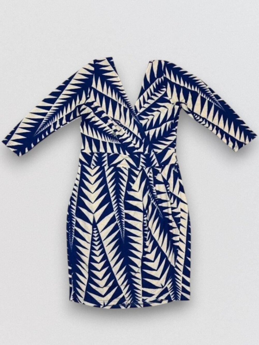 Blue Cream Geometric Faux Wrap Bodycon Midi Dress V Neck 3/4 Sleeve Medium